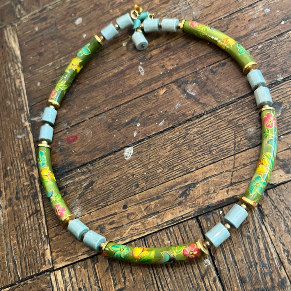 Floral Green and Gold necklace cloisanne painted beads Japan
